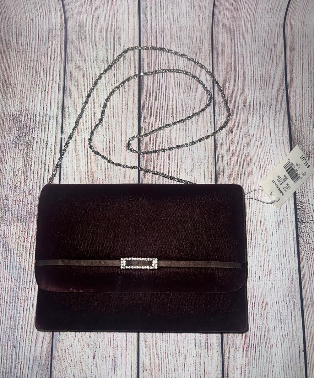VINTAGE Bloomingdale's Brown Shoulder Clutch Bag Chain Strap Faux Velvet Elegant